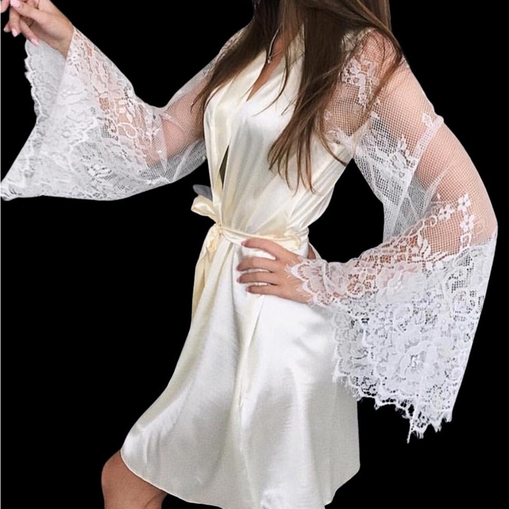 Elegant Lace Sleeve Satin Robe - White